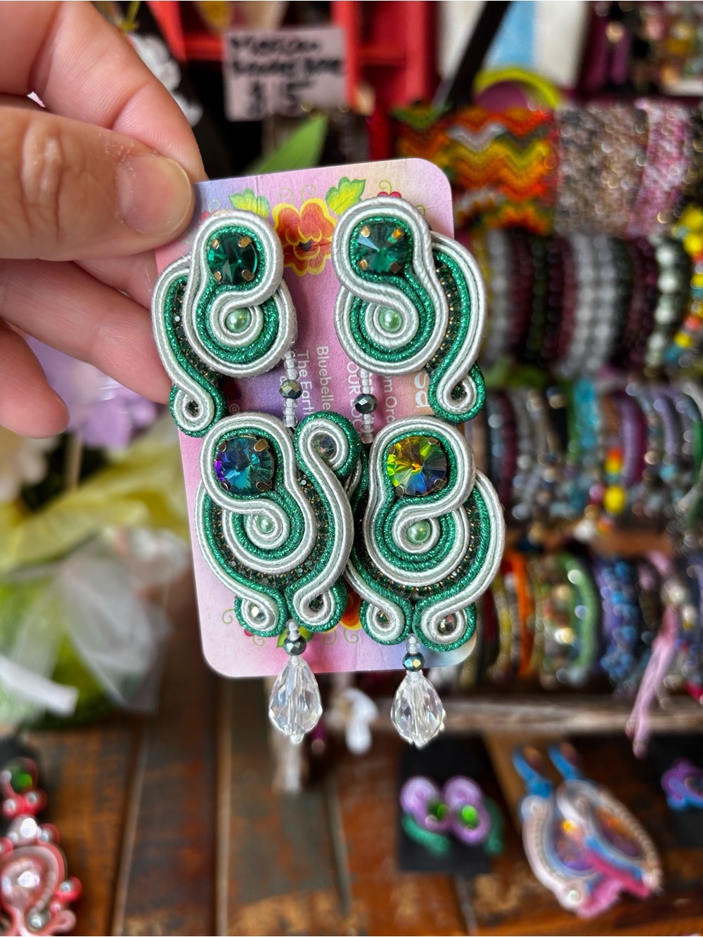 Green Crystal Soutache Drop Earrings with Clear Teardrop Accent